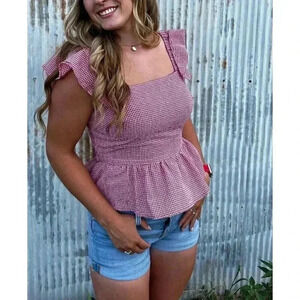 Twine & String Women's SZ XL Juniors Plaid Ruffle Sleeve Blouse Top